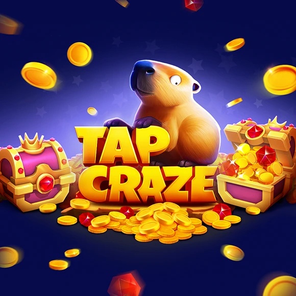 Gra "Tap Craze" z kapibarą, złotymi monetami i skrzyniami.