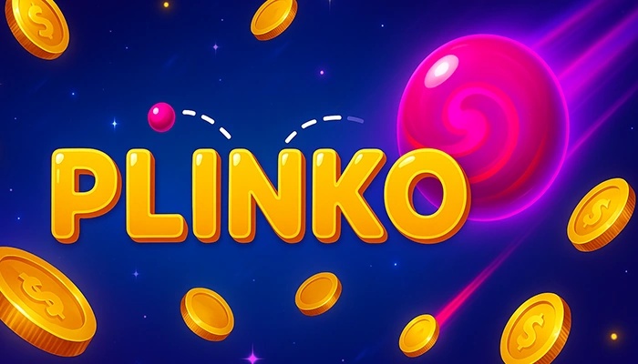 Gra "Plinko" z różową kulą i złotymi monetami.