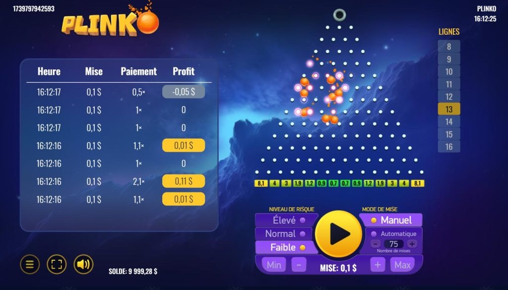 Gra hazardowa "Plinko" z piramidą i statystykami.