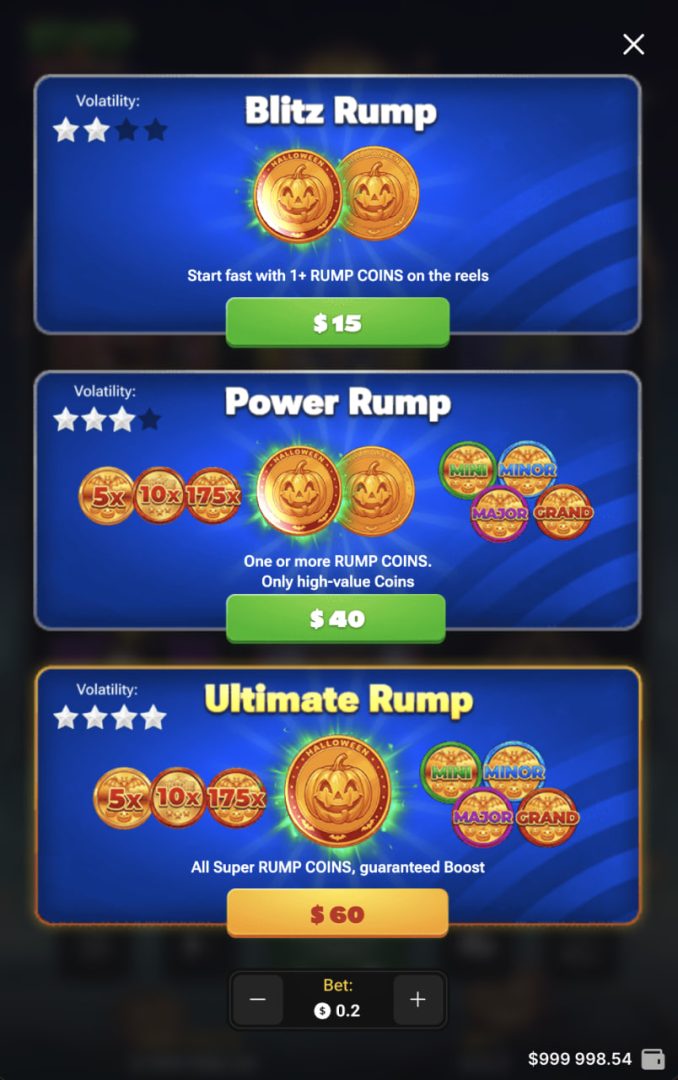 Trzy karty Buy Bonus Rump & Halloween w pionowym widoku mobilnym