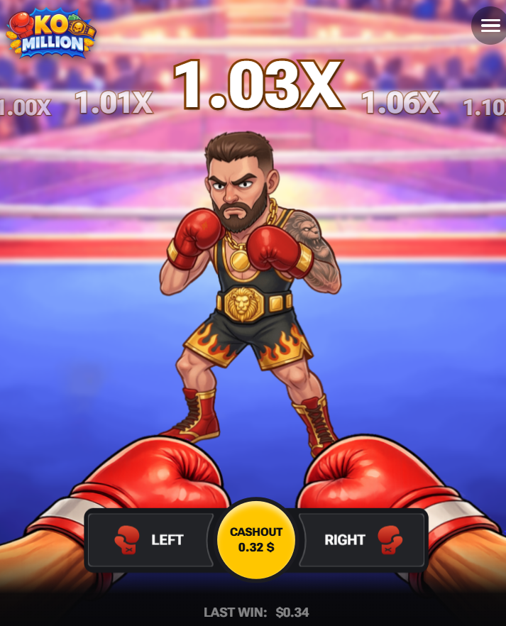 Przyciski Left, Cashout i Right w mobilnej wersji KO Million