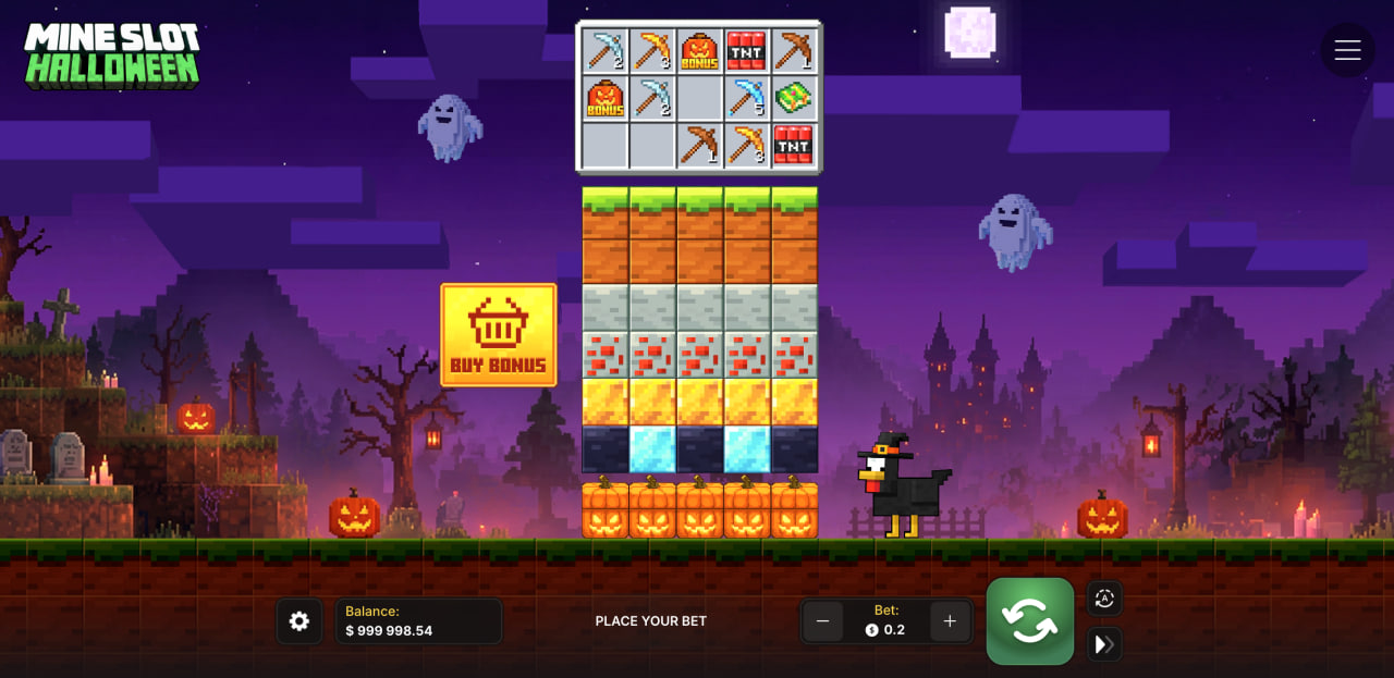 Kolumny bloków, pasek kilofów i przycisk Buy Bonus w grze Mine Slot Halloween