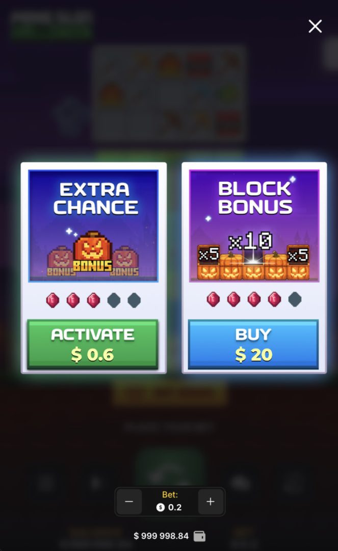 Okno Extra Chance i Block Bonus w Mine Slot Halloween na pionowym ekranie telefonu
