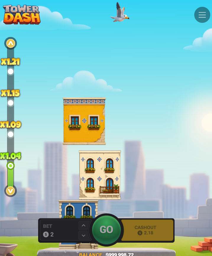 Mobilny Tower Dash w pionie z przyciskami Go i Cashout