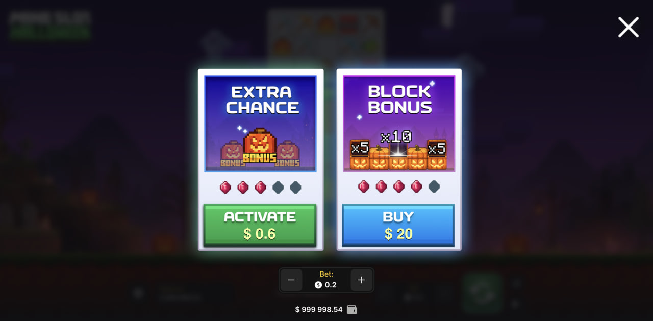 Desktopowe okno Mine Slot Halloween z funkcjami Extra Chance i Block Bonus