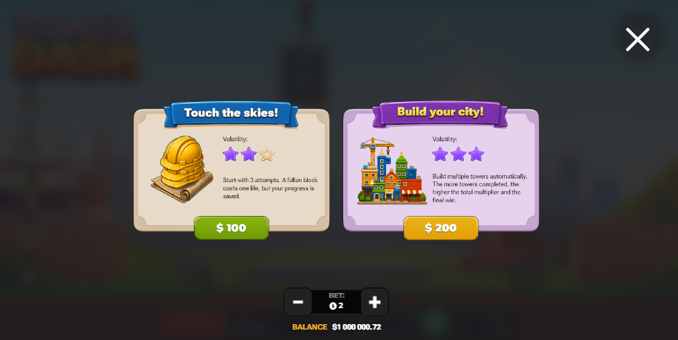 Mobilny ekran wyboru między Touch the skies a Build your city w Tower Dash