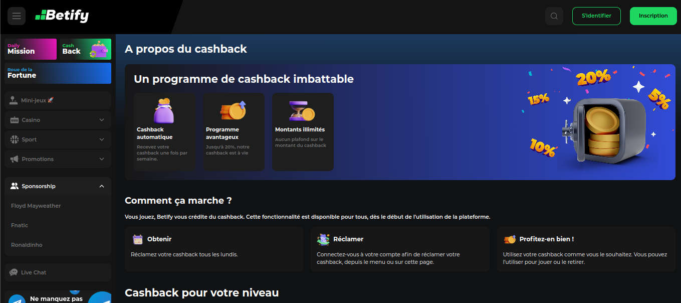 Cotygodniowy program cashback Betify na stronie promocji