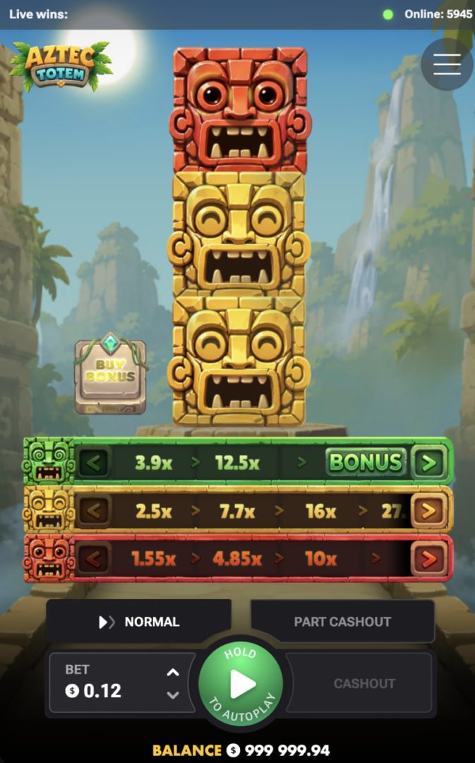 Mobilny widok Aztec Totem w pionie z totemem i przyciskami wypłaty