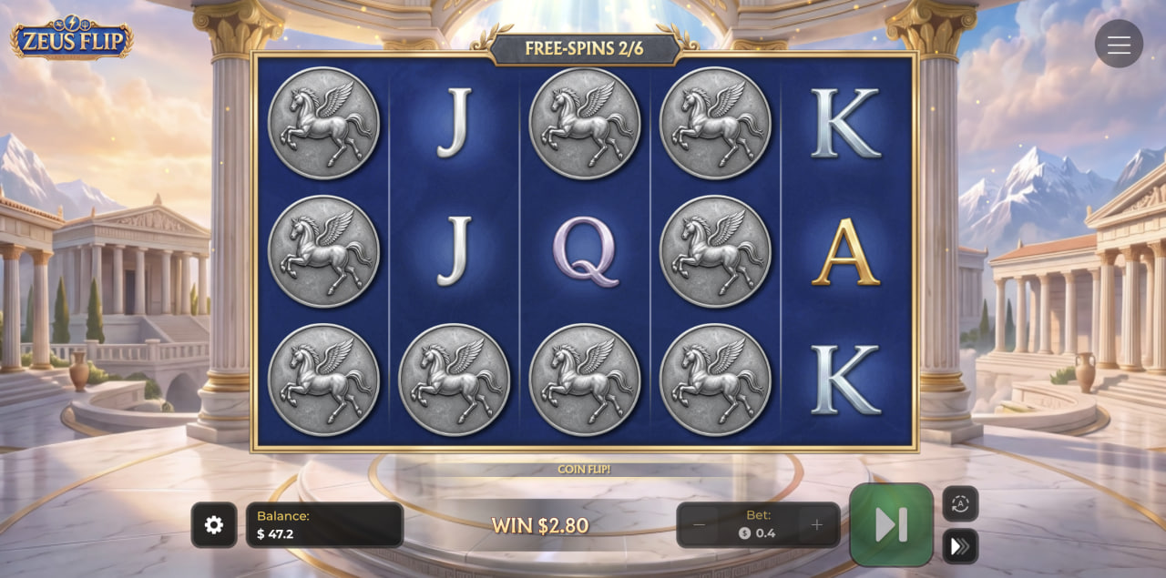 Monety Pegaza na bębnach Zeus Flip podczas Free Spins z Coin Flip