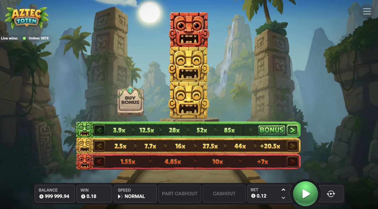 Desktopowy ekran Aztec Totem z rzeźbionym totemem i trzema liniami mnożników